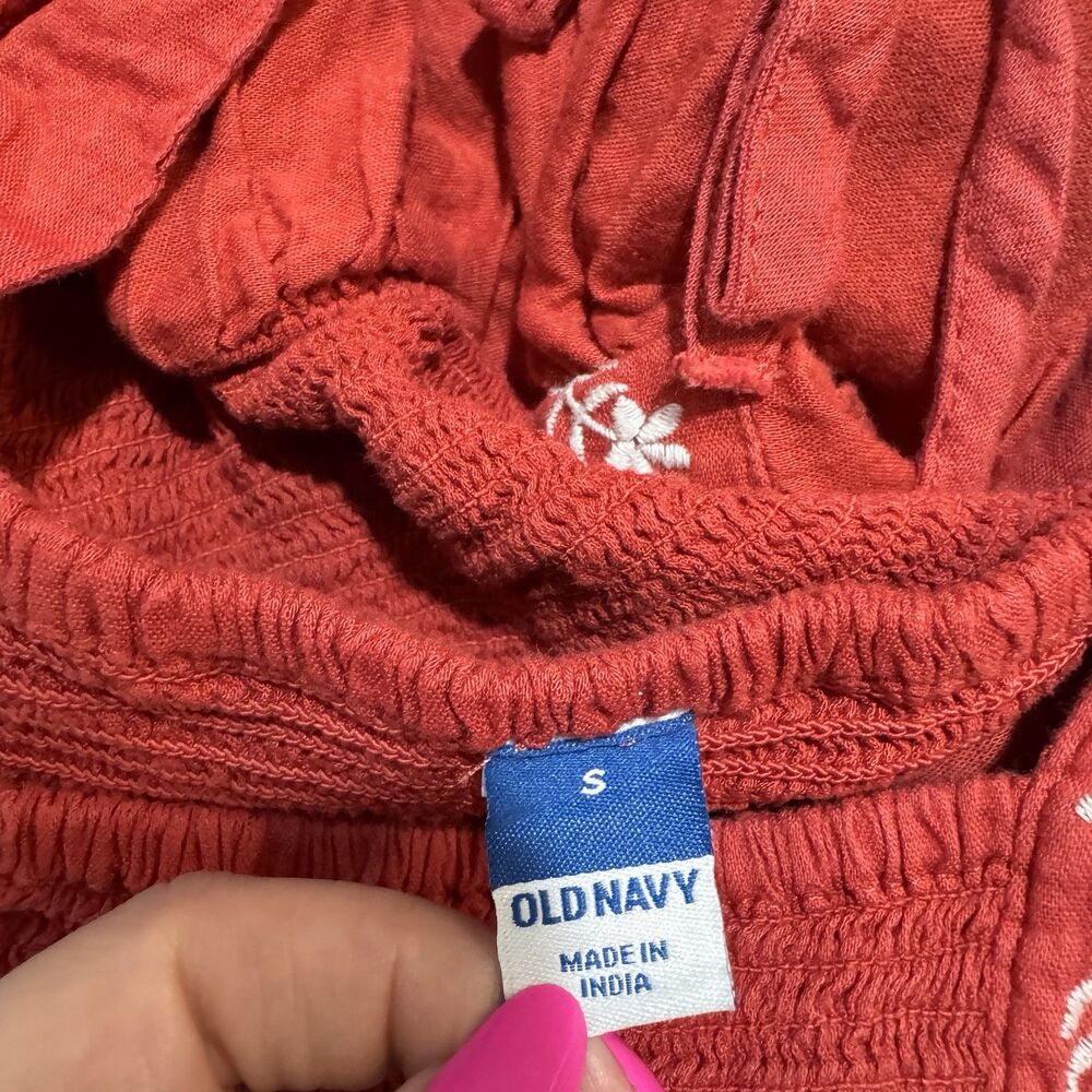 Old Navy Shirt Dress S Midi Smocked Embroidered Prairie Milkmaid Red White Boho - Picture 9 of 12